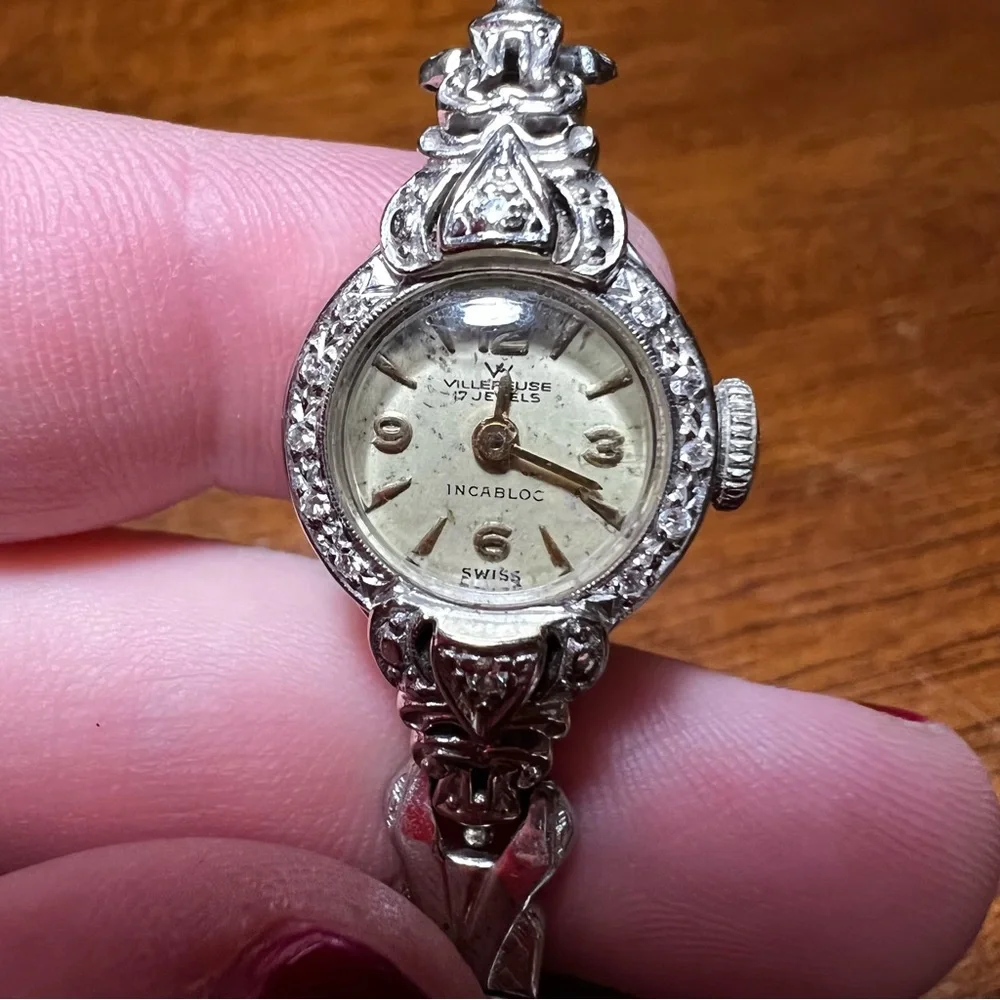 Vintage Benrus 14K Gold and Diamonds Ladies Wrist Watch, White Gold, Art Deco